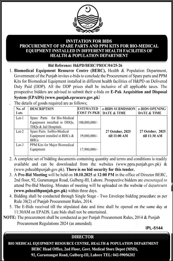 Health & Population Department Tender Notice